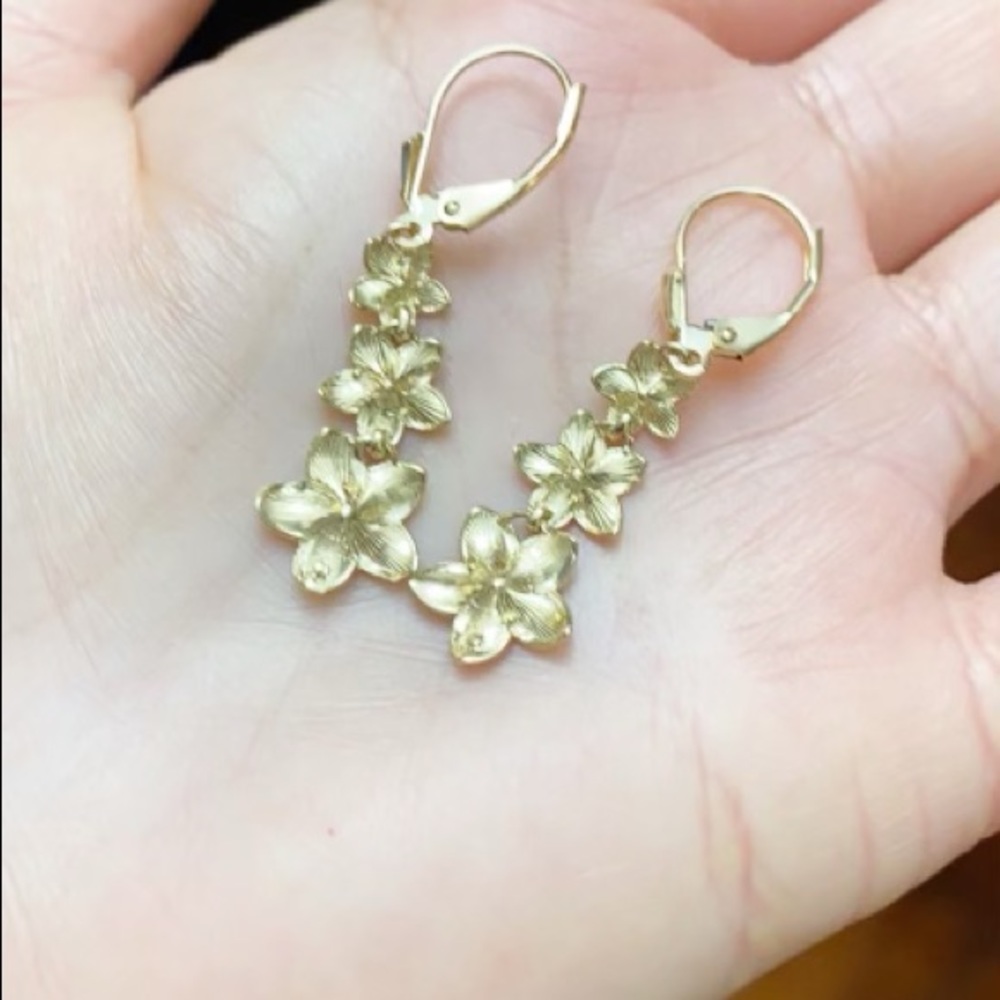 14k Solid Gold Elegant Plumeria Flower Earrings - Picture 2 of 9